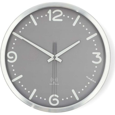 Nedis Wanduhr / Durchmesser: 300 mm / Aluminium / Funkgesteuerte Zeit / Leise Bewegung / Grau / Metall