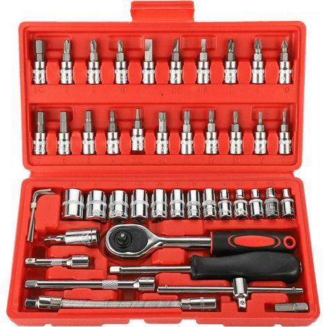Set di 46 pezzi con cricchetto e bussole da 1/4" e cacciaviti in una scatola.
