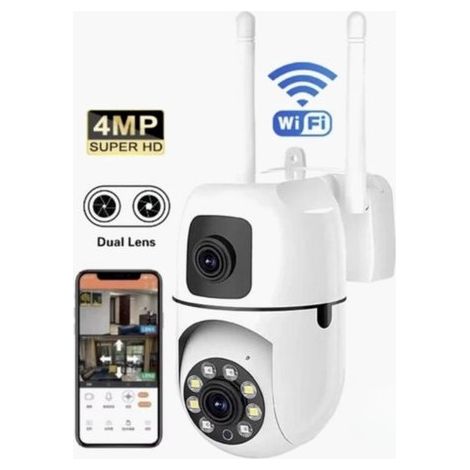 Cámara de seguridad para exteriores e interiores，Cámara giratoria de 360° con visión nocturna，Lente dual de 4MP，WiFi，Audio bidireccional