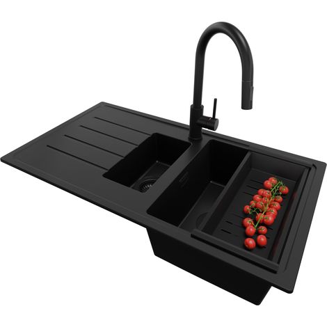 PRIMAGRAN Evier Cuisine en Granit 90x50cm,Lavabo 1,5 bacs + Robinet 40x20cm + Kit de Vidage, Évier à Encastrer au Meuble 60cm - Copenhague Duo, Tout Noir