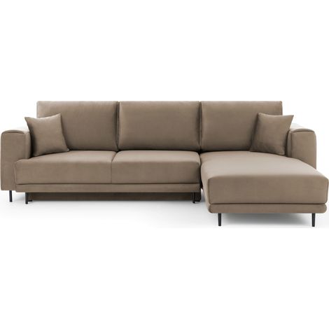 Canapé d'angle convertible velours DAVINA - Coffre et pieds métal noir angle droit-Marron clair-angle droit (1/5)