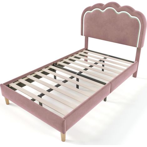 Gutent – Lit capitonné LED avec sommier à lattes – Tête de lit réglable en velours rose – Dimensions 90 x 190 cm – Ambiance lumineuse personnalisable (1/5)