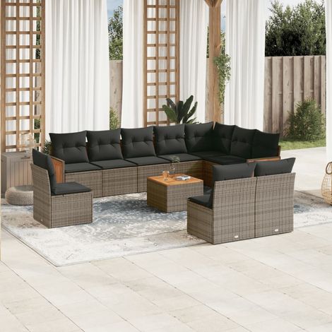 11-tlg. Garten-Sofagarnitur mit Kissen Grau Poly Rattan (1/5)