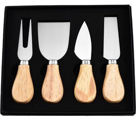 Ensemble de 4 couteaux à fromage - Couteau à fromage - Couteau à fromage avec manche en bois - Trancheuse à fromage en acier inoxydable - Couteaux pour fromage, beurre, pizza et gâteaux - Argent/Marro (1/5)