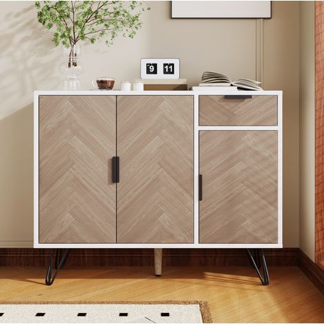 Aparador 90x30x71.5 cm blanco y efecto madera en MDF y tablero de partículas con cajón y estantes ajustables (1/5)