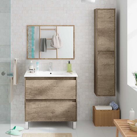 Mobiletto bagno a terra 80 cm 2 cassetti serie Oasi rovere con specchio e lavabo (1/5)