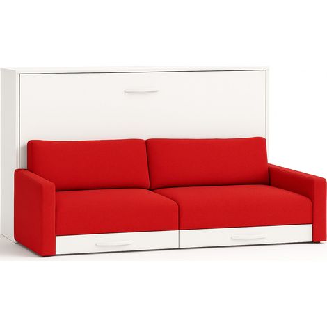 Lit escamotable horizontal avec canapé Vetal 150x190-Canapé Orange-Structure et Façade Blanche (1/5)