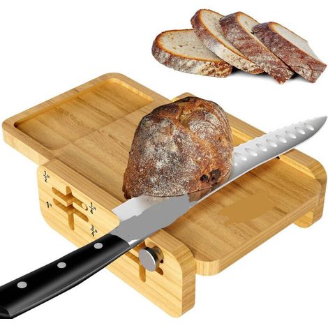 Affettatrice per pane fatto in casa, la prima affettatrice orizzontale in legno al mondo con vassoio raccogli briciole, spessore regolabile di 3 fette per pane a lievitazione naturale, torte, toast e (1/4)