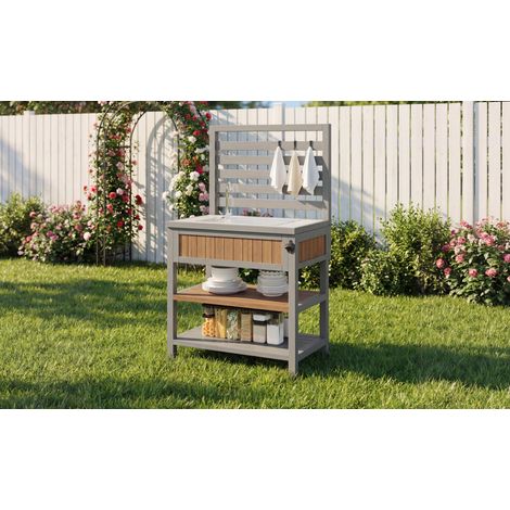 Gartenschrank 80x51x148.5 cm natur Massivholz mit Spülbecken, Wasserhahn, Flaschenöffner und Stauraum (1/5)