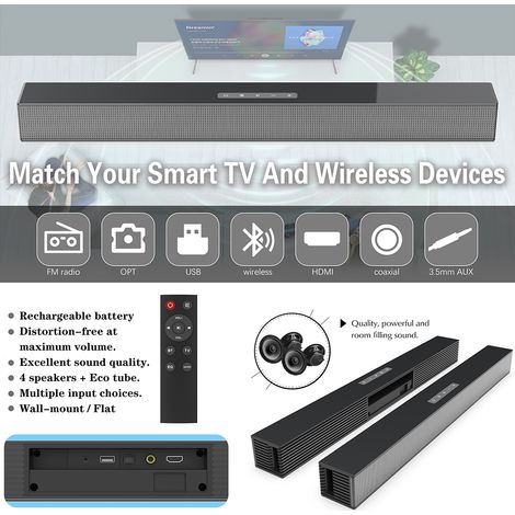 Barre de son Bluetooth haute puissance 40 W avec fibre optique, télécommande, support mural coaxial et stéréo pour TV. (1/5)