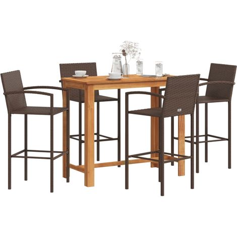 Mesa y taburetes de jardín 5 pzas madera acacia ratán PE marrón