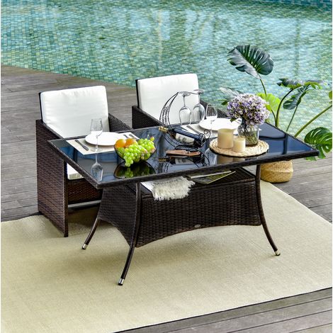 Tavolo da giardino 150x85x74 cm marrone in metallo con piano in vetro di sicurezza (1/5)