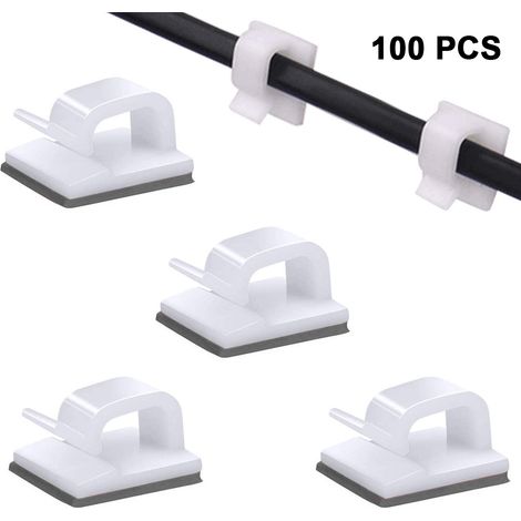 Lot de 100 clips de gestion de câbles ajustables, organisateurs de câbles adhésifs, supports de câbles pour TV, PC et câbles Ethernet, à fixer sous un bureau ou au mur, à la maison ou au bureau. (1/5)