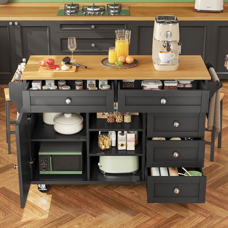 Îlot de cuisine Mobile,Armoire de cuisine en MDF avec 5 Tiroirs & Portes,Design 2 modes mobile/fixe,134 x 46 x 92 cm,Noir (1/5)