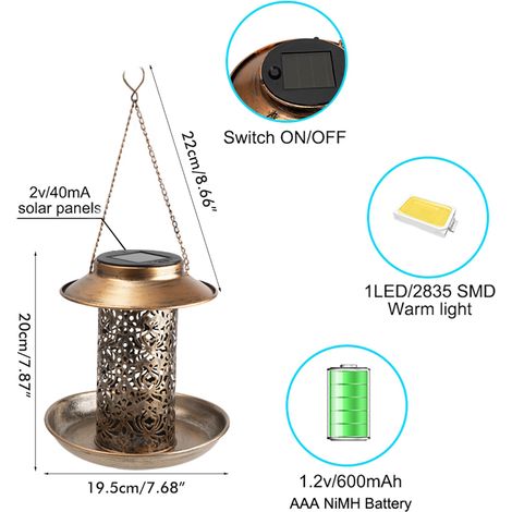 Mangeoire solaire suspendue en métal robuste avec lampe d'éclairage pour jardin extérieur (1/5)