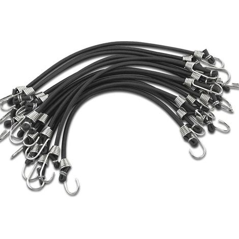 Paquete de 15 cuerdas elásticas resistentes con ganchos, mini cuerdas elásticas de goma para camping, equipaje, portaequipajes de techo, tiendas de campaña, lonas, bicicletas, 25 cm, negras (1/5)