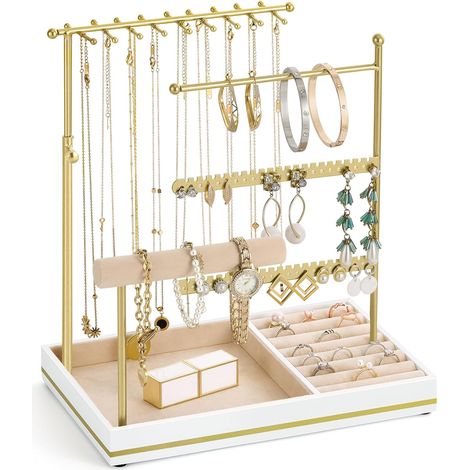 Porte Bijoux, 5 Étagères Organisateur avec Plateau Velours, Or (1/5)