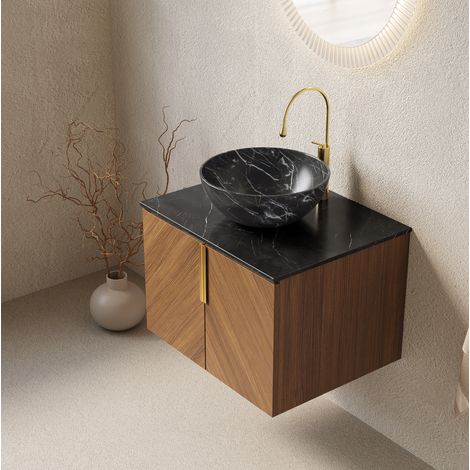 Meuble sous vasque suspendu 61 cm avec vasque noire en céramique et plan en pierre frittée (1/5)