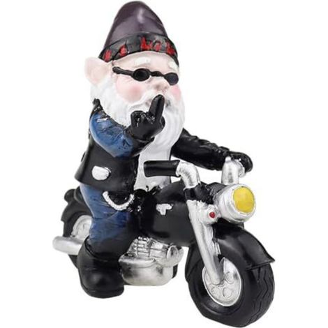 Gartenzwerg auf einem Motorrad, 12 x 13 cm, Gartenzwergfigur mit ausgestrecktem Mittelfinger, wasserfeste, sonnenbeständige Motorradstatue aus Kunstharz, Dekoration für Terrasse, Rasen und Hof (1/4)