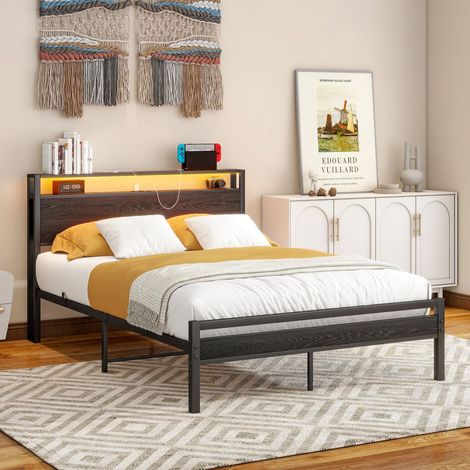 Letto 120x200 cm con contenitore, struttura in metallo, porta USB, testiera con ripiani, MDF e metallo nero (1/5)