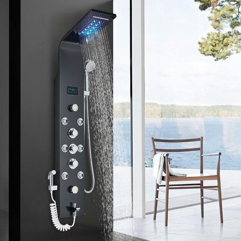 Suguword – Colonne de douche hydromassante en acier inoxydable – 6 modes de douche – Affichage LCD – Douchette à main – 8 buses massantes