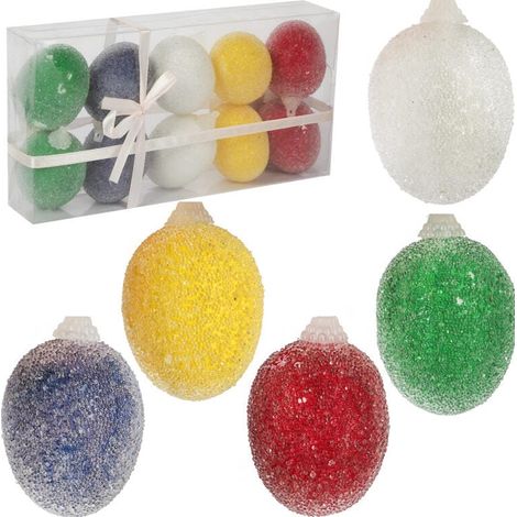 Set mit 10 bunten, glasierten Eiern mit Aufhänger in einer Schachtel (1/5)
