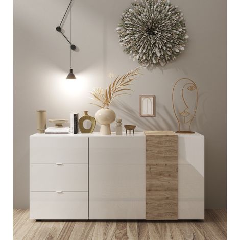 Buffet bas moderne blanc et bois 2 portes-3 tiroirs SIA (1/5)
