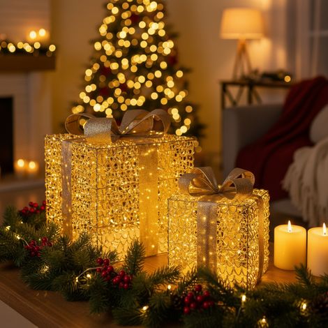 Pacchi regalo colore oro e luci MicroLED, decorazione natalizia (1/5)