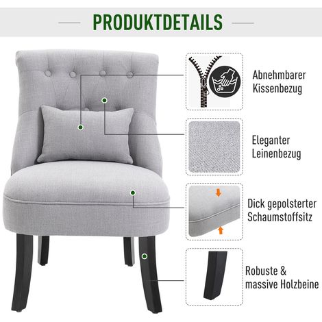 Fauteuil salon relaxation lounge avec coussin dorsal, pieds bois, fauteuil lecture aspect lin, gris. (1/5)