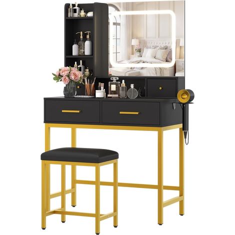 Coiffeuse avec Miroir LED et Tabouret, 3 Modes d'Éclairage, 4 Tiroirs, Prise Électrique Intégrée & Étagères, Set de Maquillage pour Chambre
