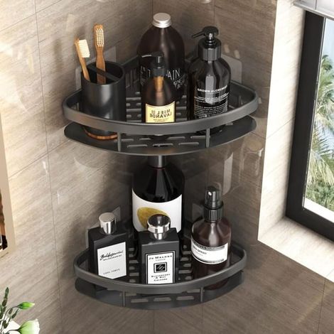 Etagere Angle Douche Noirs, Etagere Douche Sans Percage, Support Gel Douche Salle de Bain en Aluminium épaissi, support de salle de bain antirouille (1/4)