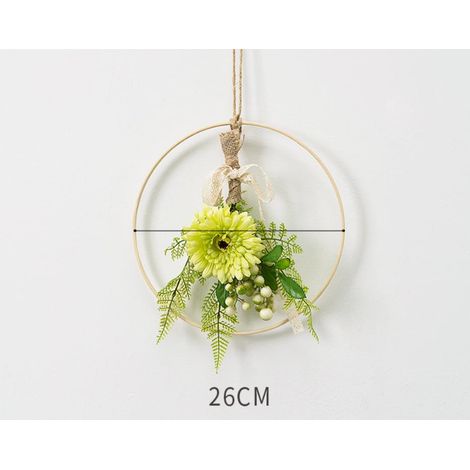 Corolle accrochée au mur, fleurs artificielles, cadre rond - (26 26 3cm) Bouquet vert de chrysanthèmes africains (1/2)