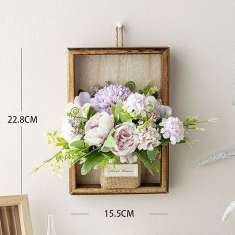 Décoration murale fleurs artificielles cadre bois ensemble couleur violette 22,8×15,5cm (1/4)