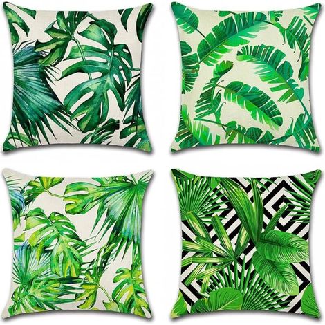 Fundas para cojines de exterior, juego de 4 fundas impermeables con estampado de plantas tropicales verdes para sofá, ideales para patio, jardín, sala de estar o dormitorio. 45x45cm -C