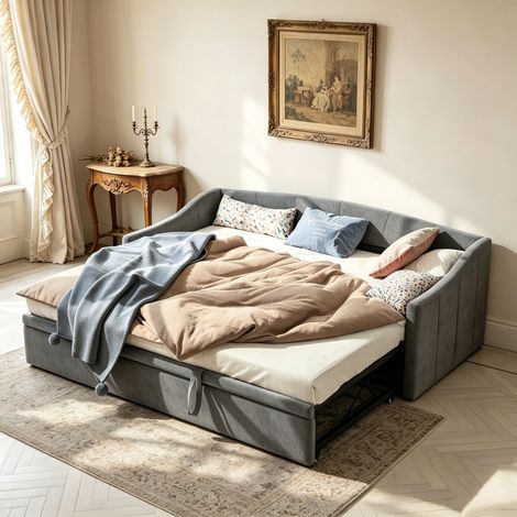 Lit gigogne 90x200cm en velours, Canapé-lit 2 places, Banquette lit extensible pour salon et chambre