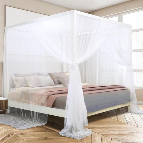 Baldaquin 4 Angles pour Adultes, Moustiquaire Lit, Blanc (1/5)