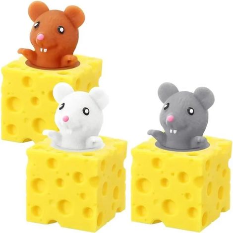 Jouet Anti Stress - Tasse de Souris au Fromage - 3 Pièces - Blanc, Marron, Gris - Enfant - Matériau TPR