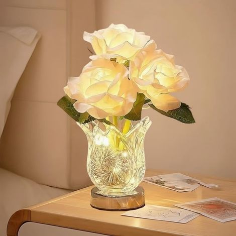 Vase En Verre Cristal - Lampe De Nuit À Led Rechargeable Avec Roses - Réglage De La Couleur Et De L'Intensité - Sans Fil - Pour Chambre Ou Salon - 1 Pièce (1/5)