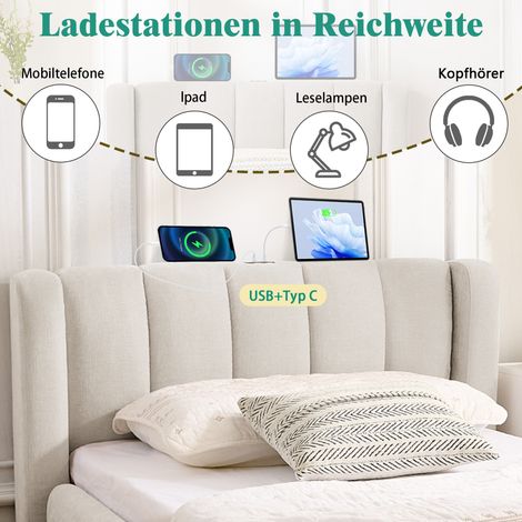 Lit 90x200 avec rangements intégrés sur les côtés, port USB de recharge, velours côtelé doux, structure ergonomique – idéal pour chambre ado, studio, chambre d'invité, location meublée, teinte beige ( (1/5)