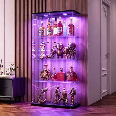 JOOKGBD - Vetrina in Vetro 164x80.5x36.5 cm con LED, Vetrina da Collezione, Armadio Vetrina per Collezione con 2 Ante e 4 Ripiani Trasparenti, Effetto Specchio, Mobile in Vetro, Nero