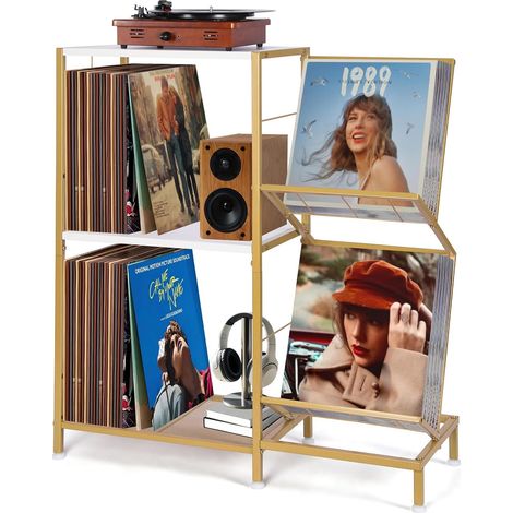 Tourne Disque Support, Meuble Platine Vinyle avec Range Vinyle à 2 Niveaux et Cadre Métallique, Rangement Tourne Disque Le Salon, Or Blanc (1/5)