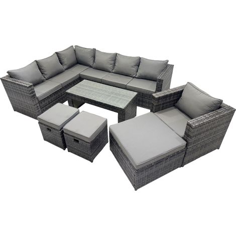 Fimous 7 Pieces Outdoor PE Rattan Garden Furniture Corner Sofa Oblong Coffee Table Set with Cushions 3 Footstools Dark Grey Mixed (1/5)