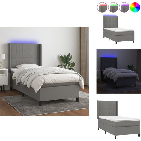 Sommier à lattes de lit matelas LED Gris foncé 90x200cm Tissu - Sommier Tapissier - Lit Plateforme - Lit Avec Rangement - Matelas À Ressorts Ensachés - Éclairage LED (1/5)