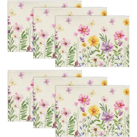 Lot de 6 sets de table - Motif : fleurs et papillons - Décoration intérieure - Vacances - Décoration de fête - 30 x 45 cm