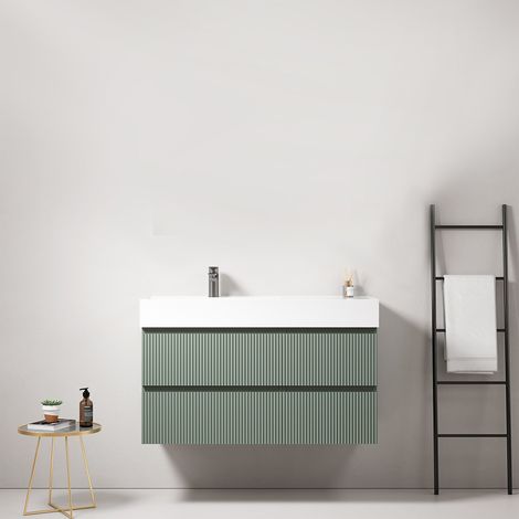 Mobile bagno sospeso cannettato 100 cm Verde Salvia Lavabo a Sinistra in Resina Senza Specchio - Fiji Paint (1/4)