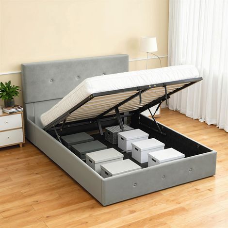 Estructura de cama doble de 140x190 cm, cama doble con almacenamiento, cabecero acolchado de terciopelo, elevador de gas, somier de láminas de madera, silenciosa, fácil montaje, gris. (1/5)