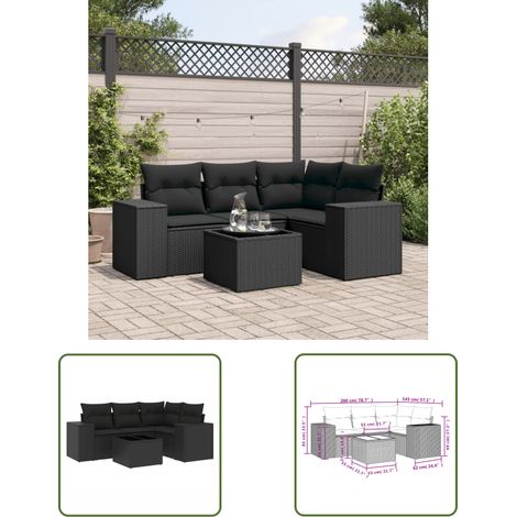 The Living Store Salon de jardin 5 pcs avec coussins noir résine tressée - Ensemble Salon De Jardin - Meuble De Jardin - Résine Tressée - Rotin Synthétique - Mobilier Extérieur (1/3)