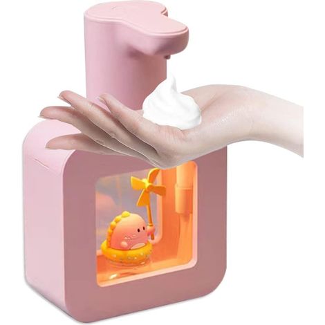 Distributeur de savon automatique mignon - Flacon de gel hydroalcoolique rose sans contact, fixation murale, étanche, rechargeable par USB, 400 ml (1/5)