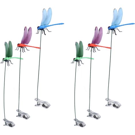 Lot 6 pinces à tige libellule factice 3D PVC, 25 cm, bleu rouge vert, déco jardin pot fleur pelouse maison statue anti-taons naturel (1/5)