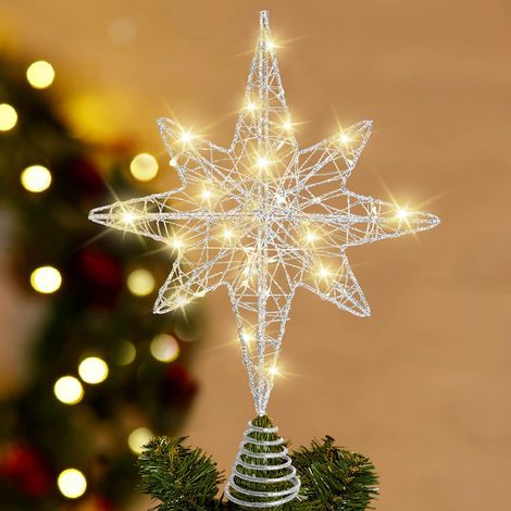 Cimier de Sapin de Noël Éclairé, 34,3 cm, Étoile Creuse Argentée Pailletée pour Sapin de Noël, Ornements avec pour Décoration Intérieure de Sapin (1/5)